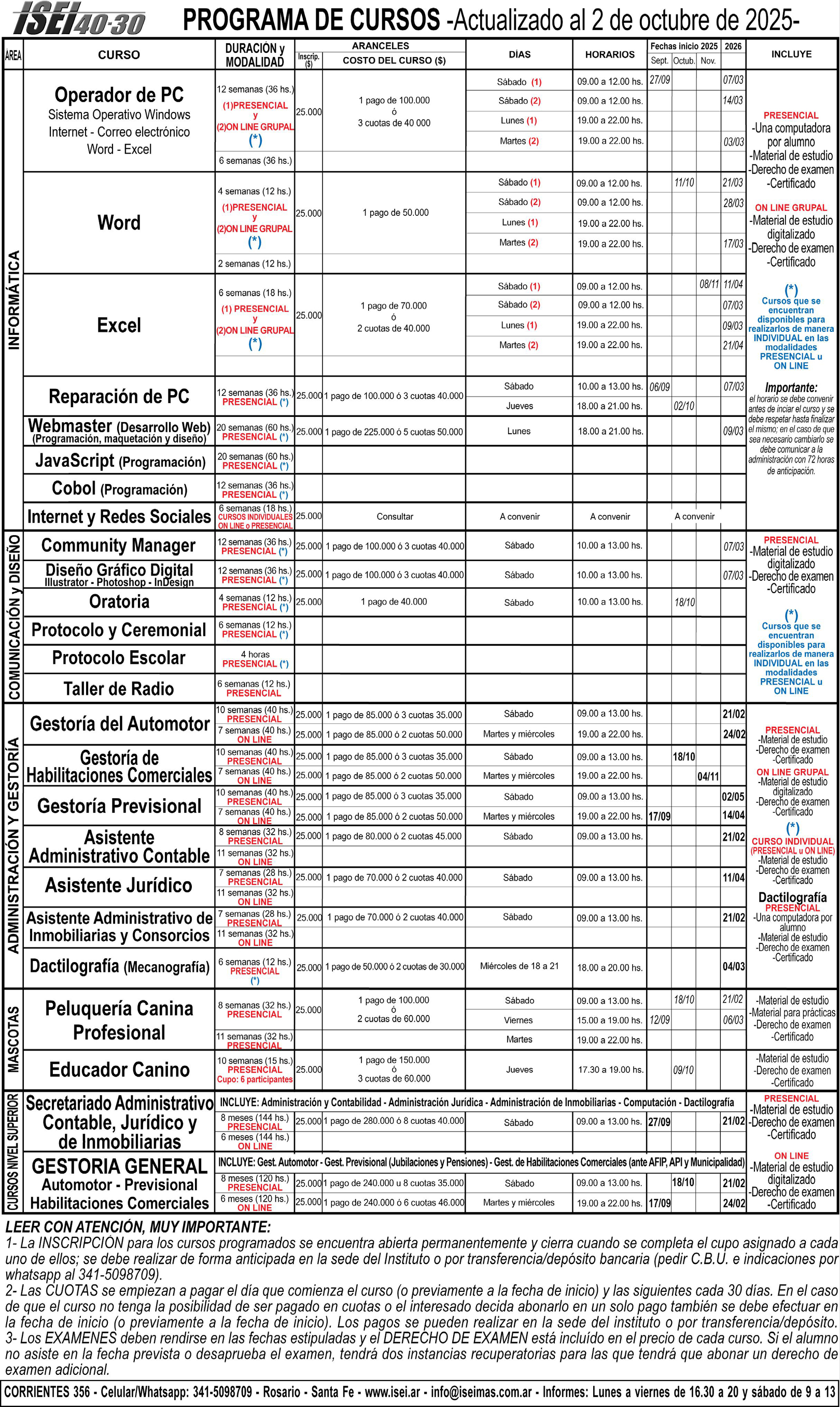 Lista de cursos disponibles, horarios, aranceles y fechas de inicio
